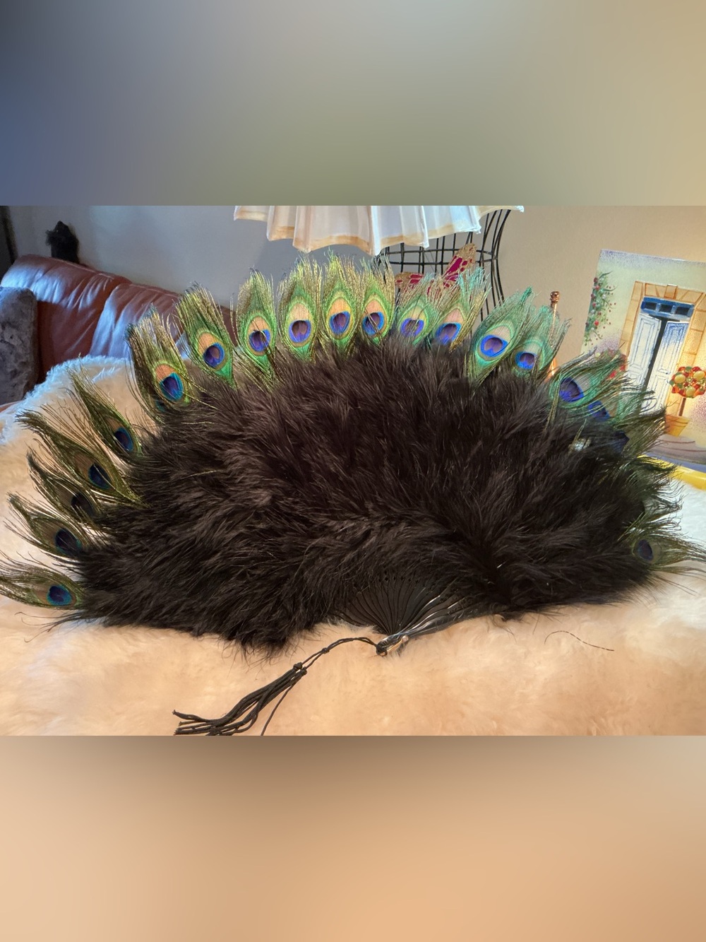 GORGEOUS Vintage Peacock Feather Folding Fan 1950’s-1980’s Decorative Hand Fan